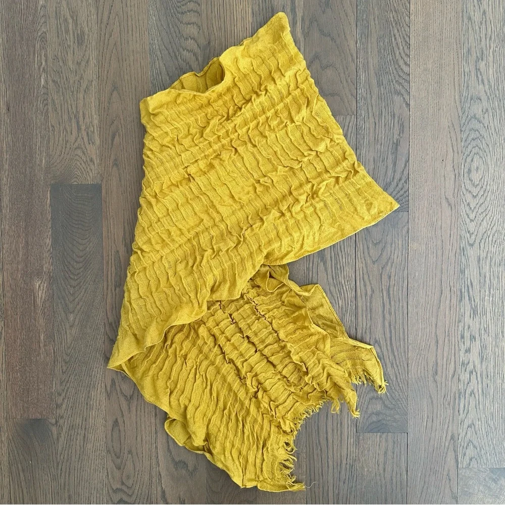 Eileen Fisher Gauze Stretch Wool Blend Ruffle Oblong Scarf Mustard Yellow 68